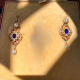 Vintage Baroque Enamel Jewelry Set 18K Pearl CZ Earrings Necklace