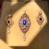 Vintage Baroque Enamel Jewelry Set 18K Pearl CZ Earrings Necklace