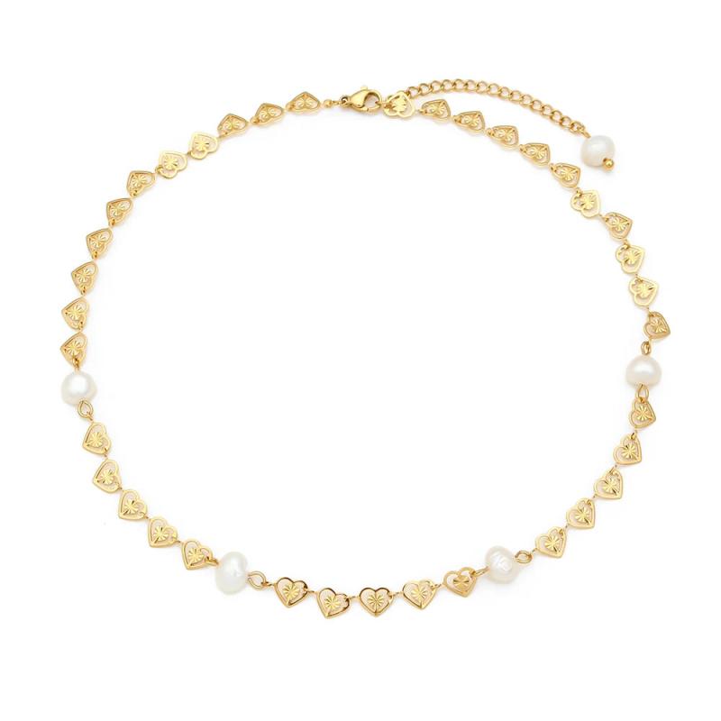 Bridal's Heart Pearl Choker Necklace Stainless Steel Plated Chain