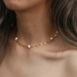 Bridal's Heart Pearl Choker Necklace Stainless Steel Plated Chain