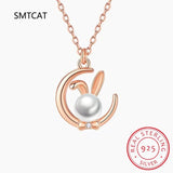 925 Silver Moon Rabbit Pearl Necklace+Earrings Set For Women Girl Gift