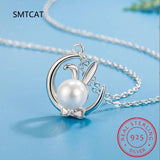 925 Silver Moon Rabbit Pearl Necklace+Earrings Set for Women Girl Gift