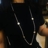 Long Pearl Five Leaf Clover Pendant Necklace for Women Sweater Chain
