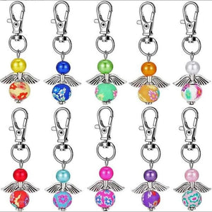 Polymer Clay Flower Angel Wings Keychain Round Beads Key Ring