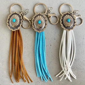 Turquoise Cushaw Flower Oval Concho Fringe Keychain Vintage Faux Suede Tassel