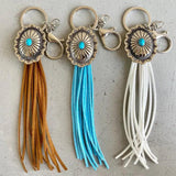 Turquoise Cushaw Flower Oval Concho Fringe Keychain Vintage Faux Suede Tassel