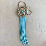 Turquoise Cushaw Flower Oval Concho Fringe Keychain Vintage Faux Suede Tassel