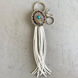 Turquoise Cushaw Flower Oval Concho Fringe Keychain Vintage Faux Suede Tassel