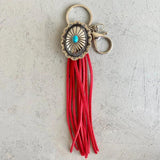 Turquoise Cushaw Flower Oval Concho Fringe Keychain Vintage Faux Suede Tassel