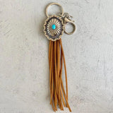 Turquoise Cushaw Flower Oval Concho Fringe Keychain Vintage Faux Suede Tassel