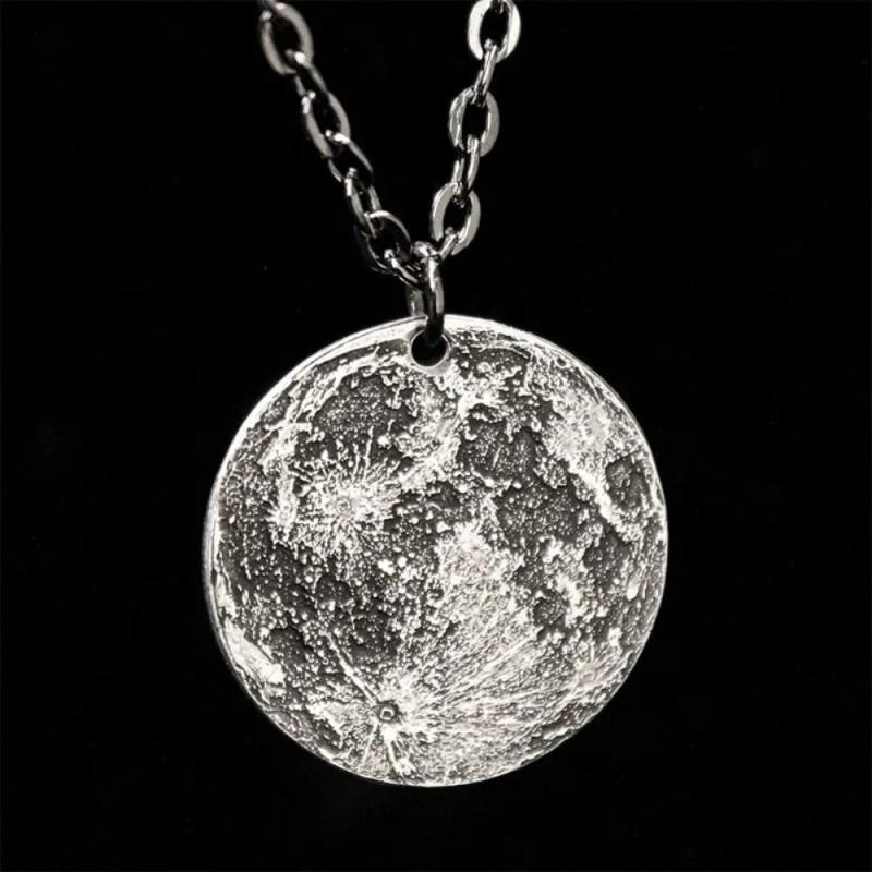 Moon Surface Coin Pendant Necklace Stainless Steel Long Sweater Chain