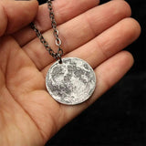 Moon Surface Coin Pendant Necklace Stainless Steel Long Sweater Chain