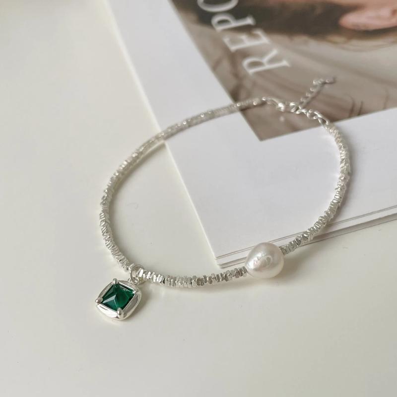925 Silver Emerald Green Pendant Pearl Necklace Women Choker Collar Chain