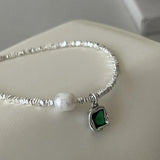 925 Silver Emerald Green Pendant Pearl Necklace Women Choker Collar Chain