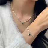 925 Silver Emerald Green Pendant Pearl Necklace Women Choker Collar Chain