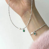 925 Silver Emerald Green Pendant Pearl Necklace Women Choker Collar Chain
