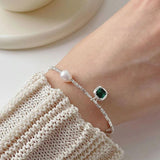 925 Silver Emerald Green Pendant Pearl Necklace Women Choker Collar Chain