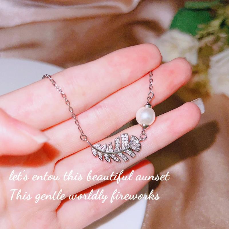 Feather Pearl Necklace 925 Stamp Clavicle Chain Women's Party Jewelry Gift