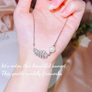 Feather Pearl Necklace 925 Stamp Clavicle Chain Women's Party Jewelry Gift