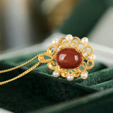 S925 Sterling Silver Red Agate Pearl Pendant Necklace