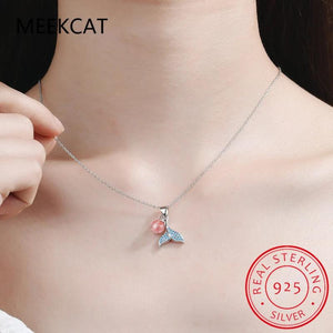 925 Silver Mermaid Tail Pendant Necklace Shell Pearl Bead Fine Jewelry