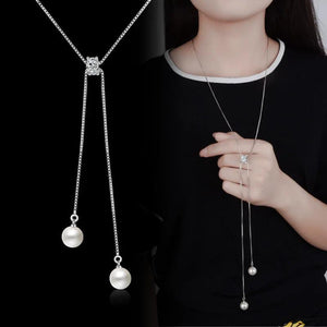 925 Silver Zirconia Pearl Long Chain Necklace for Women