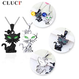 Halloween Sterling Silver Cat & Pearl Pendant Necklace