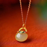 Hetian Jade Enamel Pendant Necklace Chinese Retro Style Silver Jewelry