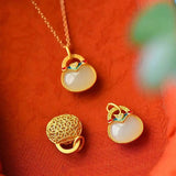 Hetian Jade Enamel Pendant Necklace Chinese Retro Style Silver Jewelry
