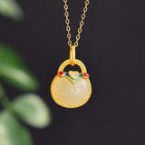 Hetian Jade Enamel Pendant Necklace Chinese Retro Style Silver Jewelry