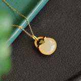 Hetian Jade Enamel Pendant Necklace Chinese Retro Style Silver Jewelry