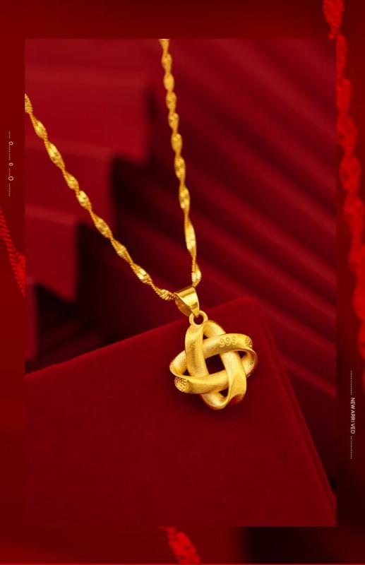 18K Chinese Knot Leaf Pendant Necklace Solid 999 Chain Women Fine Jewelry
