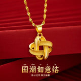 18K Chinese Knot Leaf Pendant Necklace Solid 999 Chain Women Fine Jewelry
