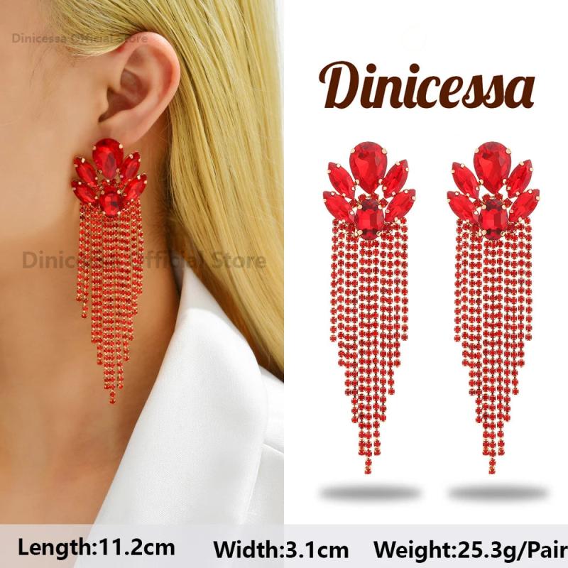 Red Rhinestone Dangle Drop Earrings Geometric Sparkly Pendant Jewelry