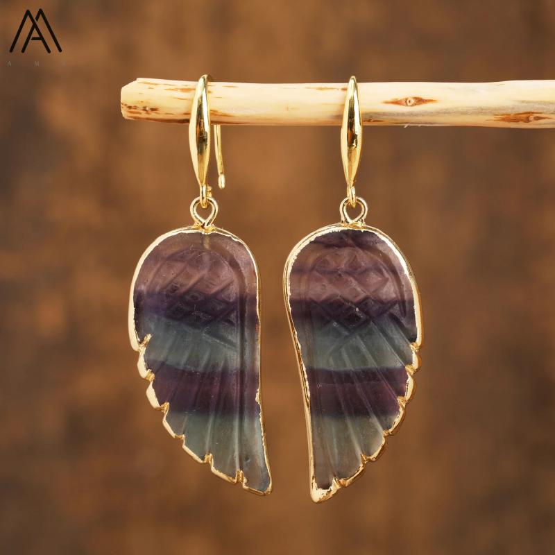 Labradorite Angel Wings Dangle Earrings Rainbow Fluorite Hook Earrings
