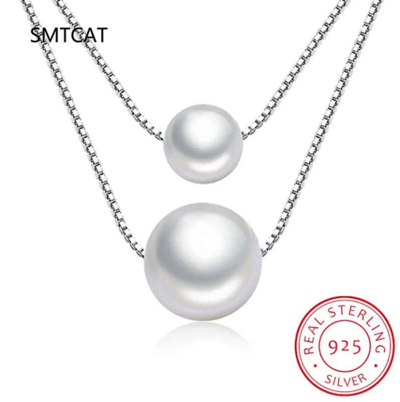 925 Silver Pearl Double Layer Box Chain Necklace Choker DA2321