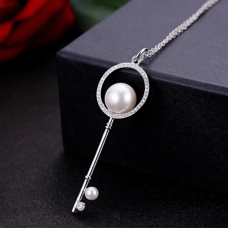 Party Gift Key Pearl Zircon Charm Necklace