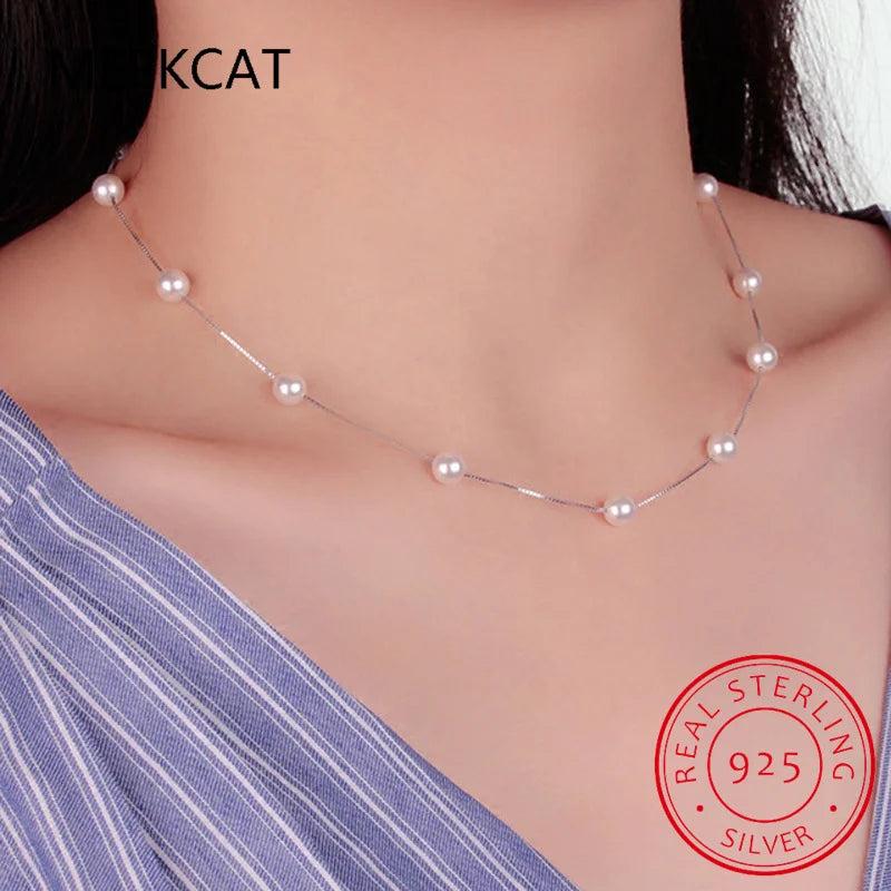 925 Silver 6mm Pearl Box Chain Choker Necklace Kolye Collares Colar de Prata