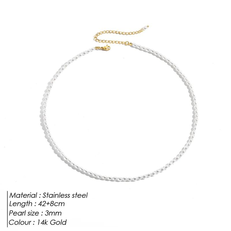 EManco 3MM Pearl Necklace Oval Stainless Steel Necklace Women's Wedding Gift