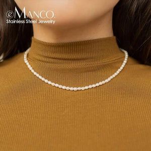 EManco 3MM Pearl Necklace Oval Stainless Steel Necklace Women's Wedding Gift
