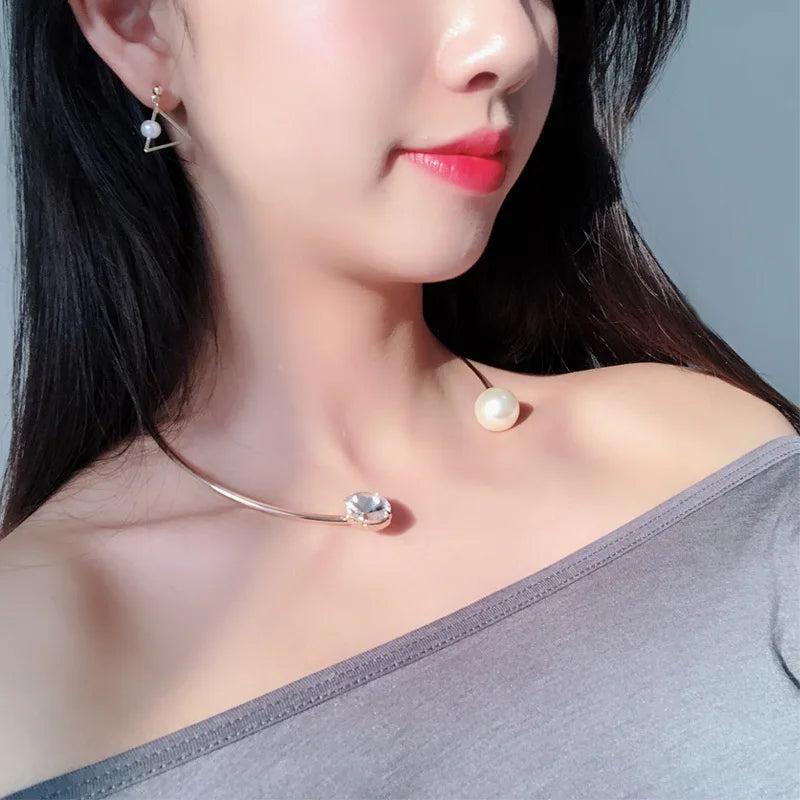 Torque Big Pearl & Crystal Choker Necklace for Women