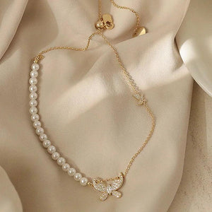 Butterfly Clavicle Chain Pearl Necklace with Zircon Cat's Eye
