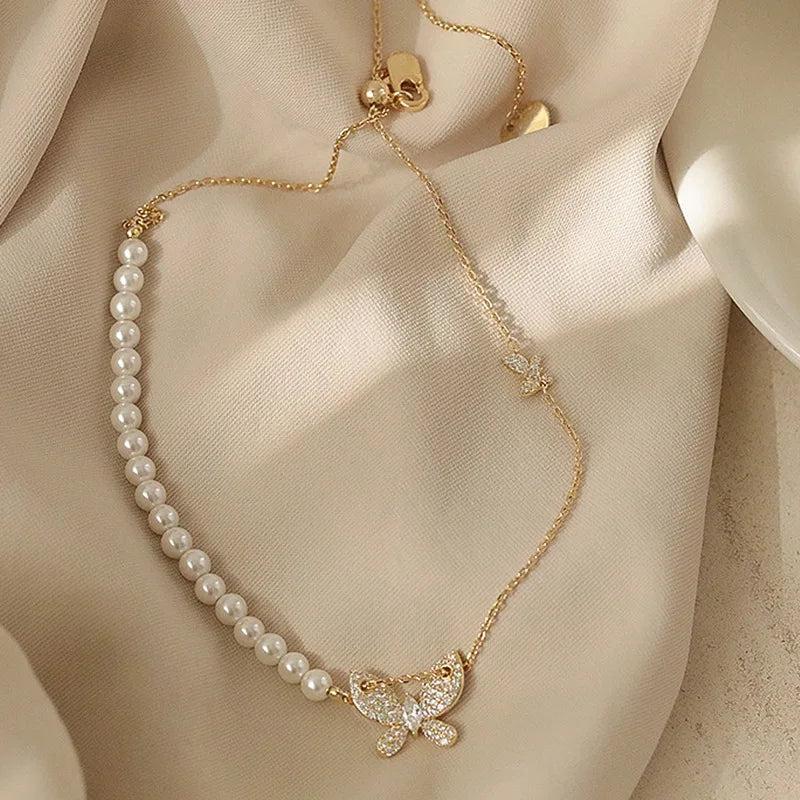 Butterfly Clavicle Chain Pearl Necklace with Zircon Cat's Eye