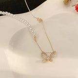 Butterfly Clavicle Chain Pearl Necklace with Zircon Cat's Eye