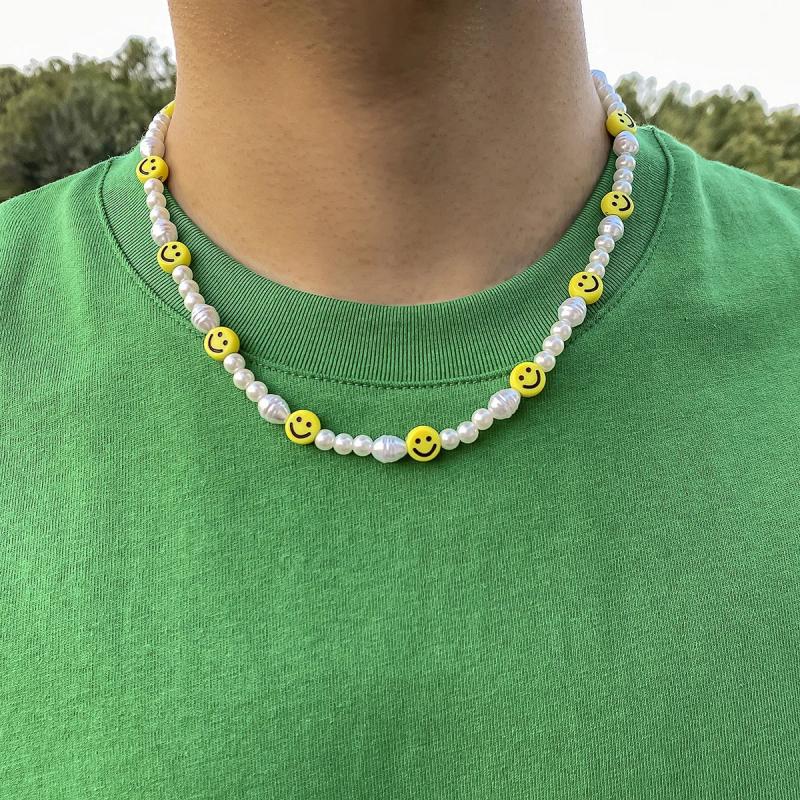 Boho Beaded Smiley Face Pearl Collar Chain Necklace