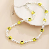 Boho Beaded Smiley Face Pearl Collar Chain Necklace