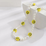 Boho Beaded Smiley Face Pearl Collar Chain Necklace