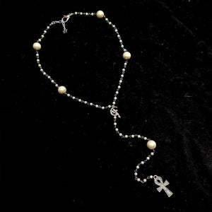 Hip Hop Sweet Fairy Rosary Necklace Pearl Cross Religious Sweater Chain