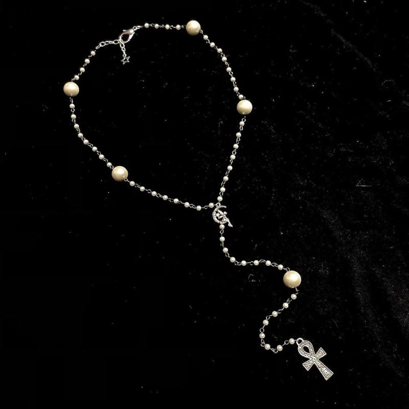 Hip Hop Sweet Fairy Rosary Necklace Pearl Cross Religious Sweater Chain