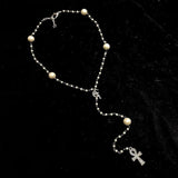 Hip Hop Sweet Fairy Rosary Necklace Pearl Cross Religious Sweater Chain